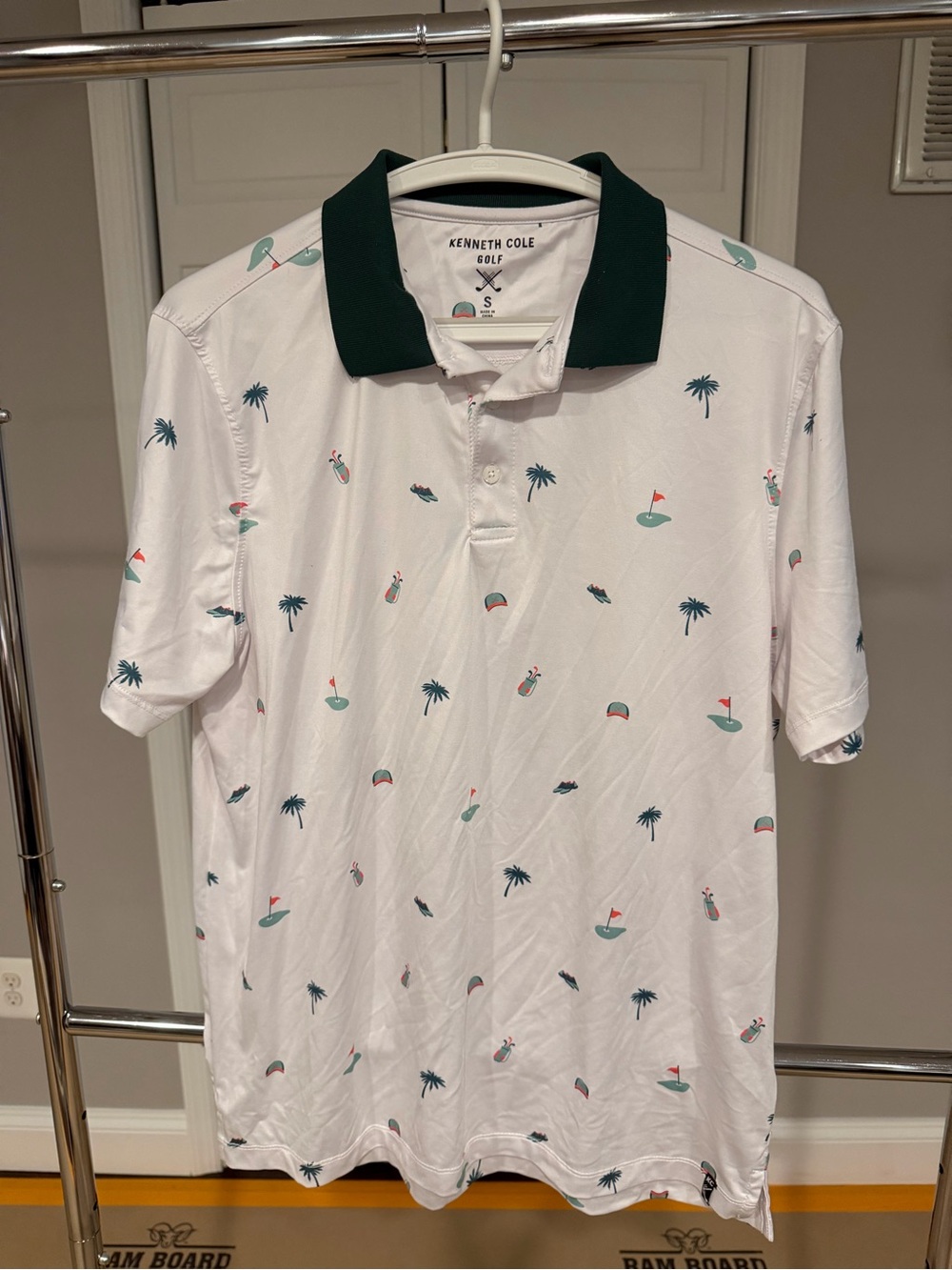 Kenneth Cole White Polo with Dark Green Collar and Tropical Print